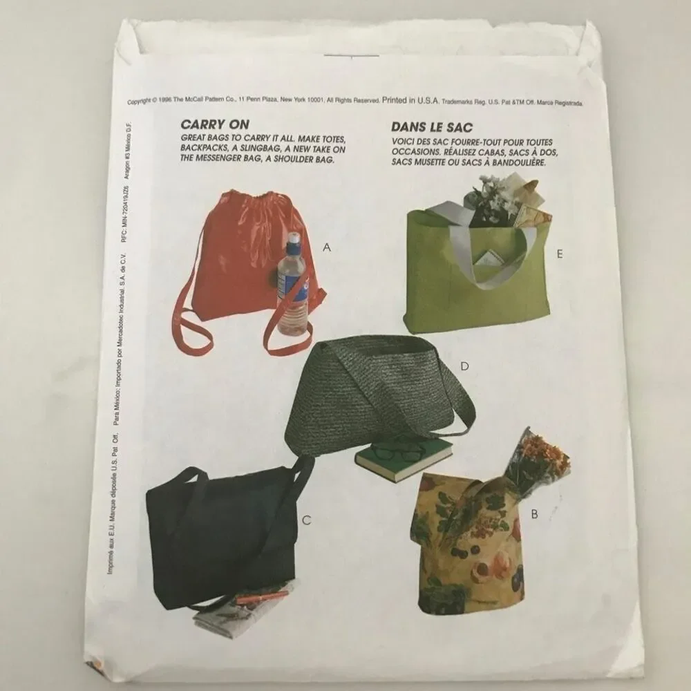 #8705 Mccalls accesories Bag tote, backpack sewing pattern